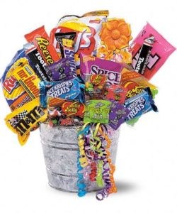 bucket filled with junk food and snacks