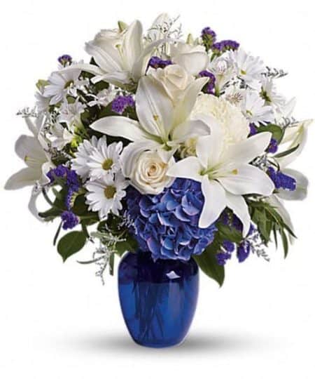 beautiful bouquet pairs pure white flowers with deep blue blooms in a gorgeous blue glass vase. Blooms such as blue hydrangea, crème roses, graceful white oriental lilies, white alstroemeria, a white disbud mum, purple statice and lavender limonium are accented by seeded eucalyptus and salal in a stunning cobalt blue glass vase