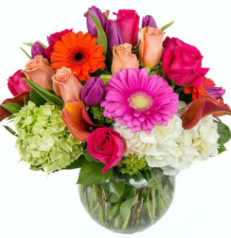 Send thoughtful congratulations, decorate for summer, or say "just because" with this lovely bright design of roses, tulips, hydrangea and gerbera daisies!