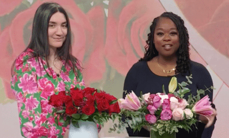 Jackie Levine with host and flower bouquets